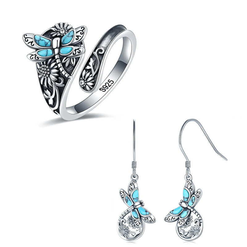 Sterling Silver Turquoise Dragonfly Spoon Ring and Dragonfly Sunflower Earrings