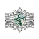 Sterling Silver Round Natural Moss Agate Couples Promise Wedding Ring Set