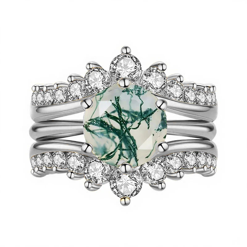 Sterling Silver Round Natural Moss Agate Couples Promise Wedding Ring Set