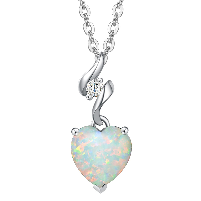 14K Solid White Gold Heart Gemstone Pendant Necklace with Sterling Silver Chain