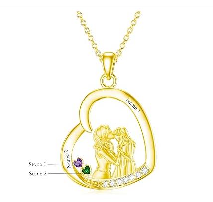 10K 14K 18K Gold Cubic Zirconia Personalized Engraved&Birthstone Mother Daughter Pendant Necklace