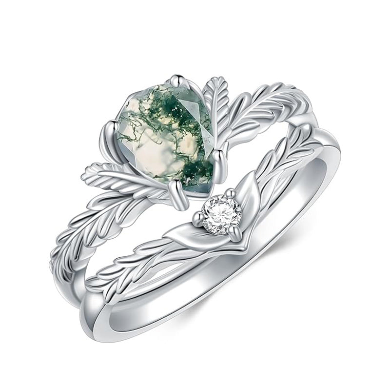 Sterling Silver Pear Cut Vine Leaf Gemstone Engagement Rings Set for Women