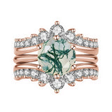 Sterling Silver Round Natural Moss Agate Couples Promise Wedding Ring Set