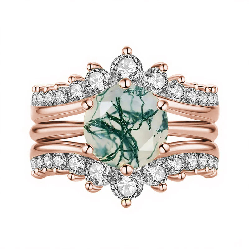 Sterling Silver Round Natural Moss Agate Couples Promise Wedding Ring Set