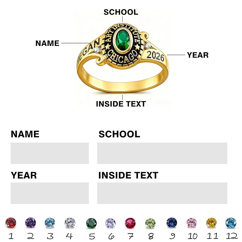Sterling Silver Personalized Engraved Class Ring Graduation Ring