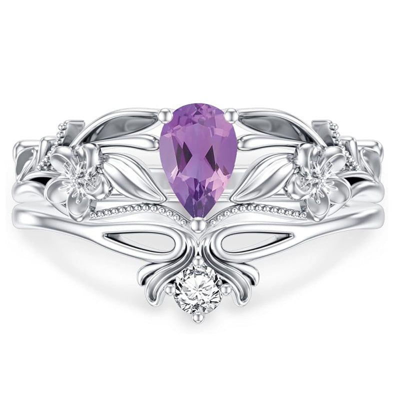 Sterling Silver Pear Shaped Gemstone Engagement Rings Set for Women