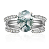 Sterling Silver Oval Natural Moss Agate Couples Promise Wedding Ring Set