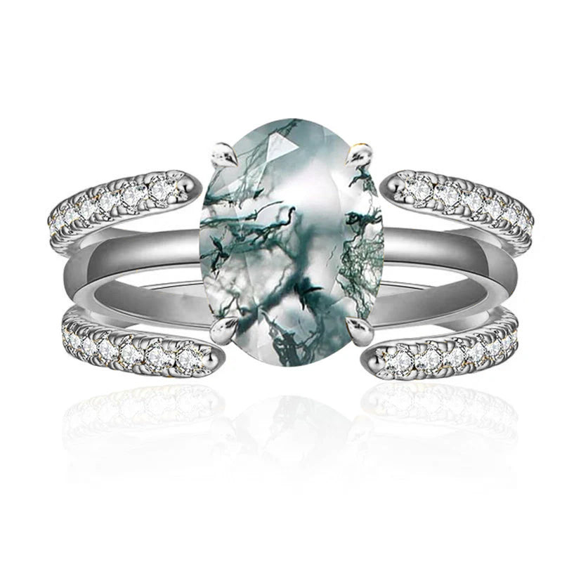 Sterling Silver Oval Natural Moss Agate Couples Promise Wedding Ring Set