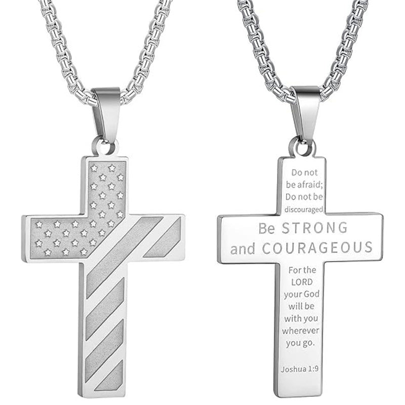Stainless Steel Inspirational Bible Verse American Flag Pendant Necklace for Men