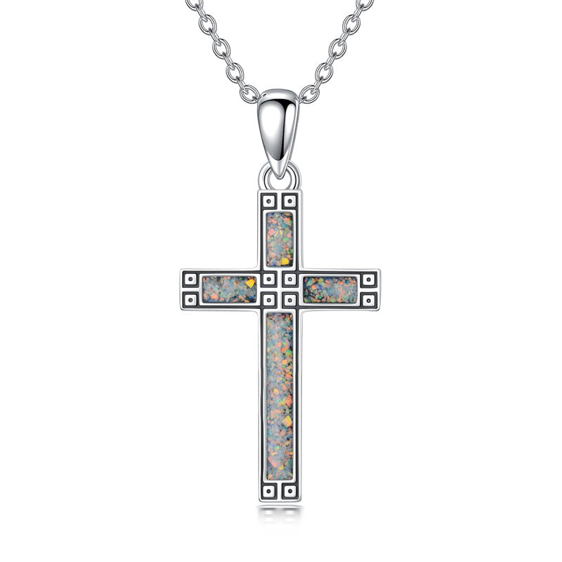 Sterling Silver Turquoise Obsidian Opal Necklace Christian Cross Pendant Necklace