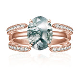 Sterling Silver Oval Natural Moss Agate Couples Promise Wedding Ring Set