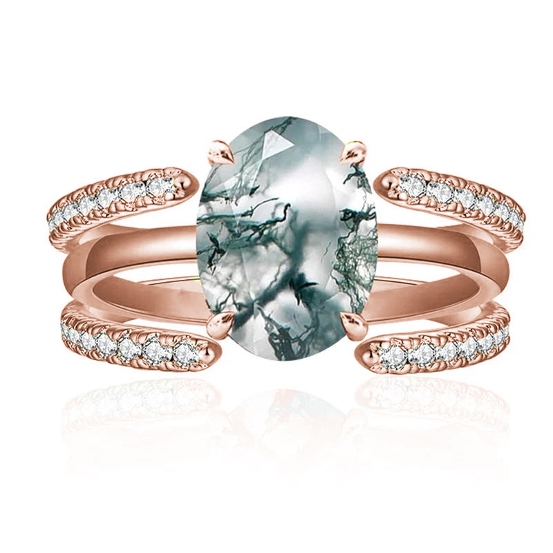 Sterling Silver Oval Natural Moss Agate Couples Promise Wedding Ring Set