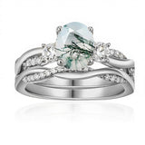Sterling Silver Oval Round Natural Moss Agate Couples Promise Wedding Ring Set
