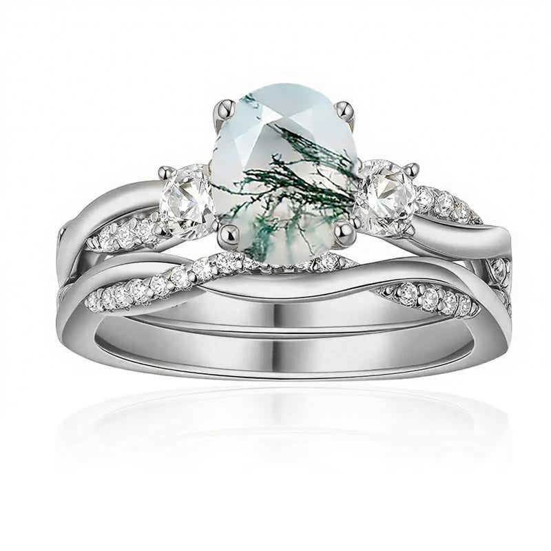 Sterling Silver Oval Round Natural Moss Agate Couples Promise Wedding Ring Set