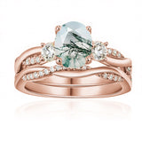 Sterling Silver Oval Round Natural Moss Agate Couples Promise Wedding Ring Set