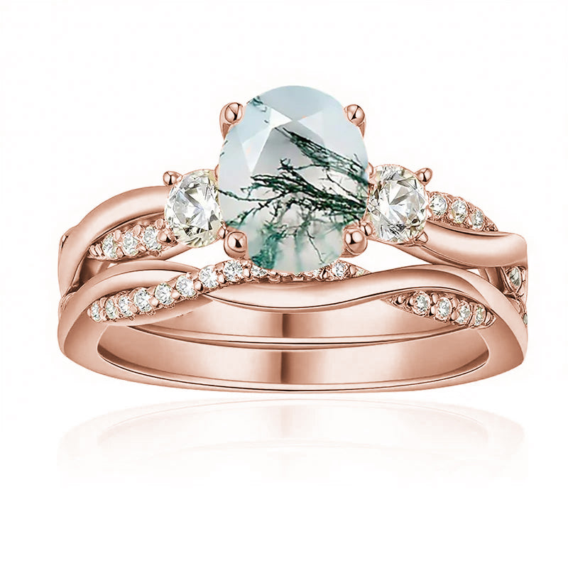Sterling Silver Oval Round Natural Moss Agate Couples Promise Wedding Ring Set