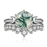 Sterling Silver Oval Round Natural Moss Agate Couples Promise Wedding Ring Set