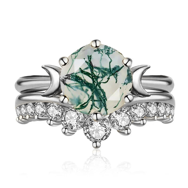 Sterling Silver Oval Round Natural Moss Agate Couples Promise Wedding Ring Set