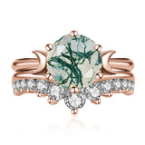 Sterling Silver Oval Round Natural Moss Agate Couples Promise Wedding Ring Set