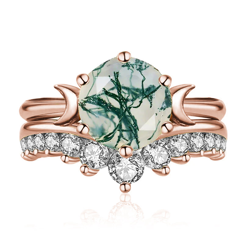 Sterling Silver Oval Round Natural Moss Agate Couples Promise Wedding Ring Set