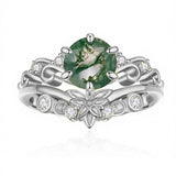 Sterling Silver Oval Round Natural Moss Agate Couples Promise Wedding Ring Set