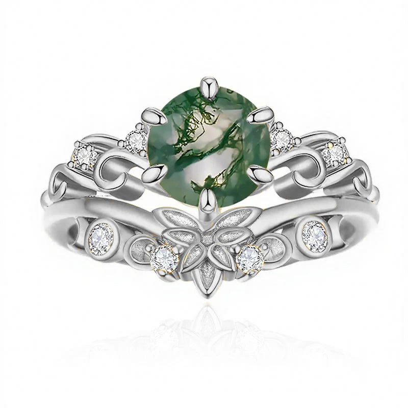 Sterling Silver Oval Round Natural Moss Agate Couples Promise Wedding Ring Set