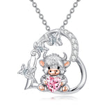Sterling Silver Highland Cow Pendant Necklace Birthstone Necklace Gift for Women
