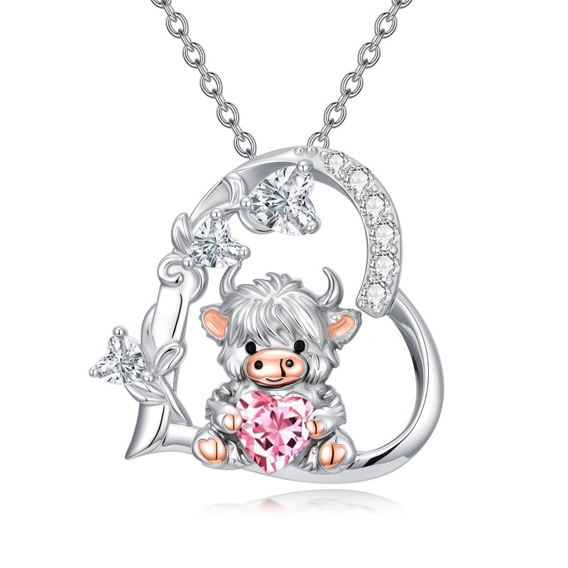 Sterling Silver Highland Cow Pendant Necklace Birthstone Necklace Gift for Women