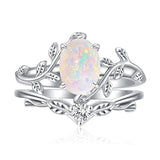 Sterling Silver Oval Shaped  Leaf Gemstone Engagement Rings Set for Women
