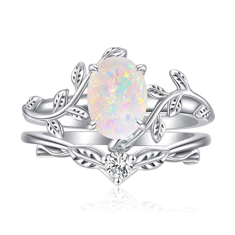 Sterling Silver Oval Shaped  Leaf Gemstone Engagement Rings Set for Women