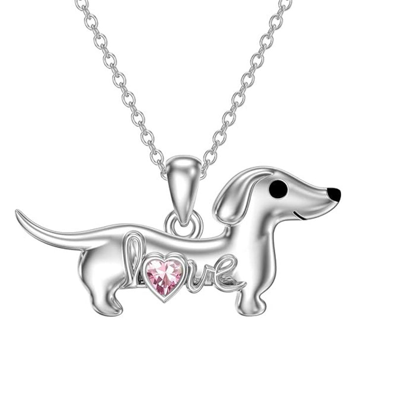 Sterling Silver Heart Birthstone  Dachshund Pendant Necklace