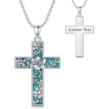 Sterling Silver Turquoise Personalized Engraved 12 Month Birth Flower Cross Pendant Necklace