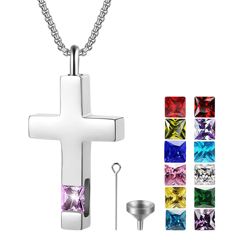 Stainless Steel Birthstones Cross Urn Necklaces for Ashes