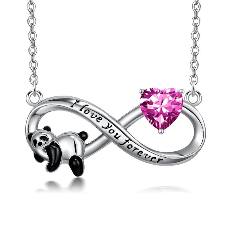 Sterling Silver Birthstone Infinity Panda Pendant Necklace Engraved with I Love Forever
