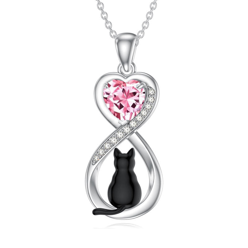 Sterling Silver Birthstone Infinity Black Cat Pendant  Necklace