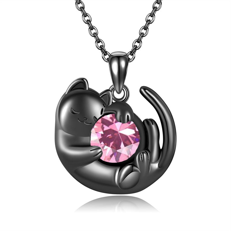 Sterling Silver Birthstone Infinity Black Cat Pendant  Necklace