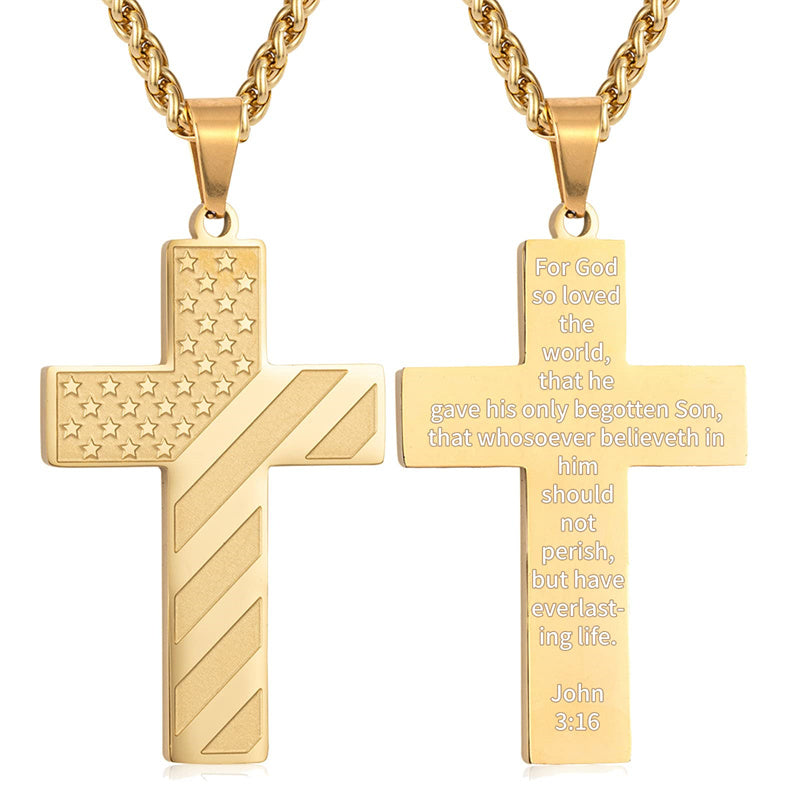 Stainless Steel Personalized Engraved American Flag Cross Pendant Necklace