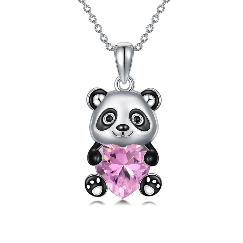 Sterling Silver Heart Birthstone Panda Pendant Necklace