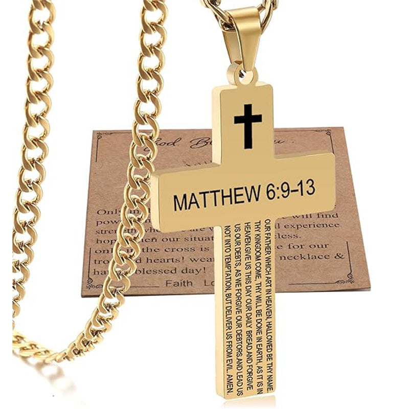 Stainless Steel Bible Verse Cross Necklace for Men with Cuban Chain