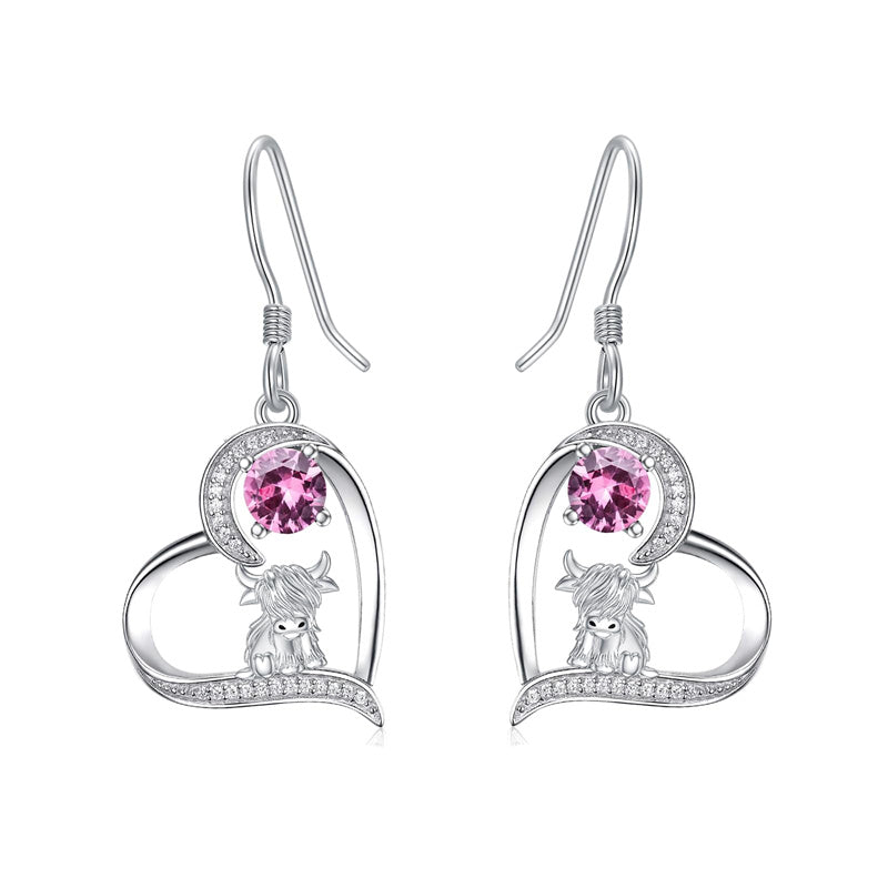 Sterling Silver Birthstone Highland Cow Dangle Earrings