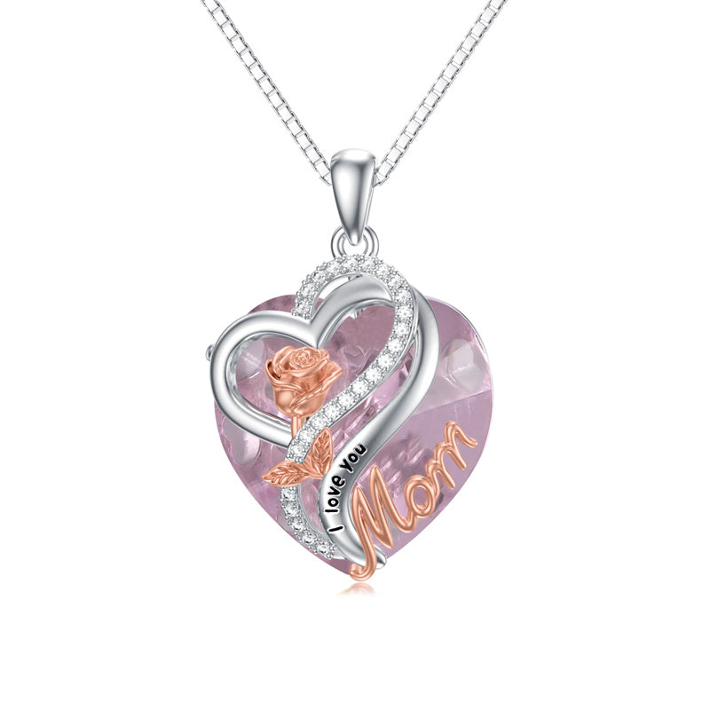 Sterling Silver Birthstone Heart Rose Pendant Necklace With Engraved