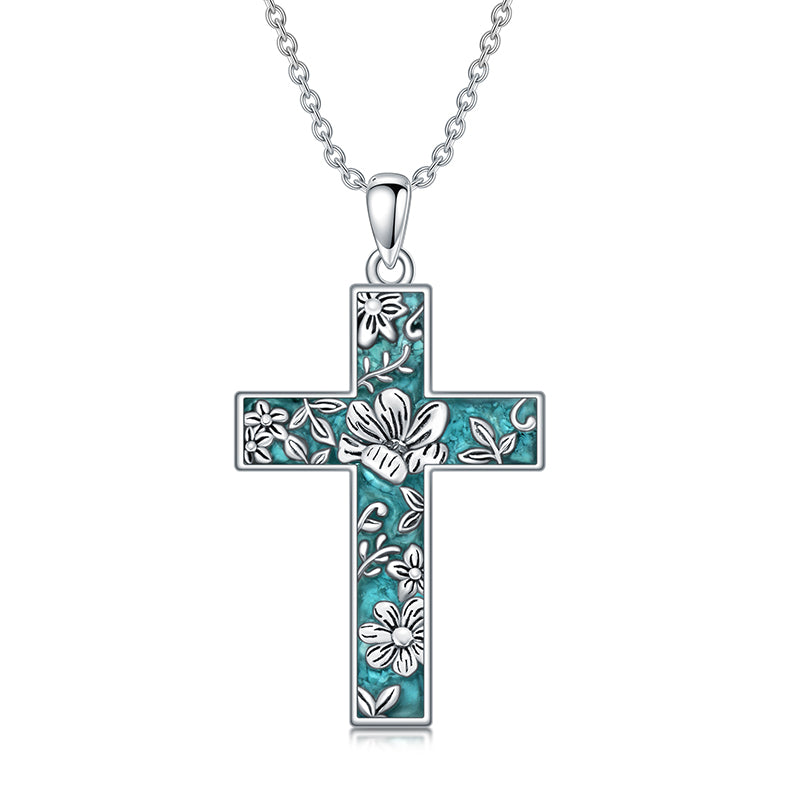 Sterling Silver Turquoise Personalized Engraved 12 Month Birth Flower Cross Pendant Necklace