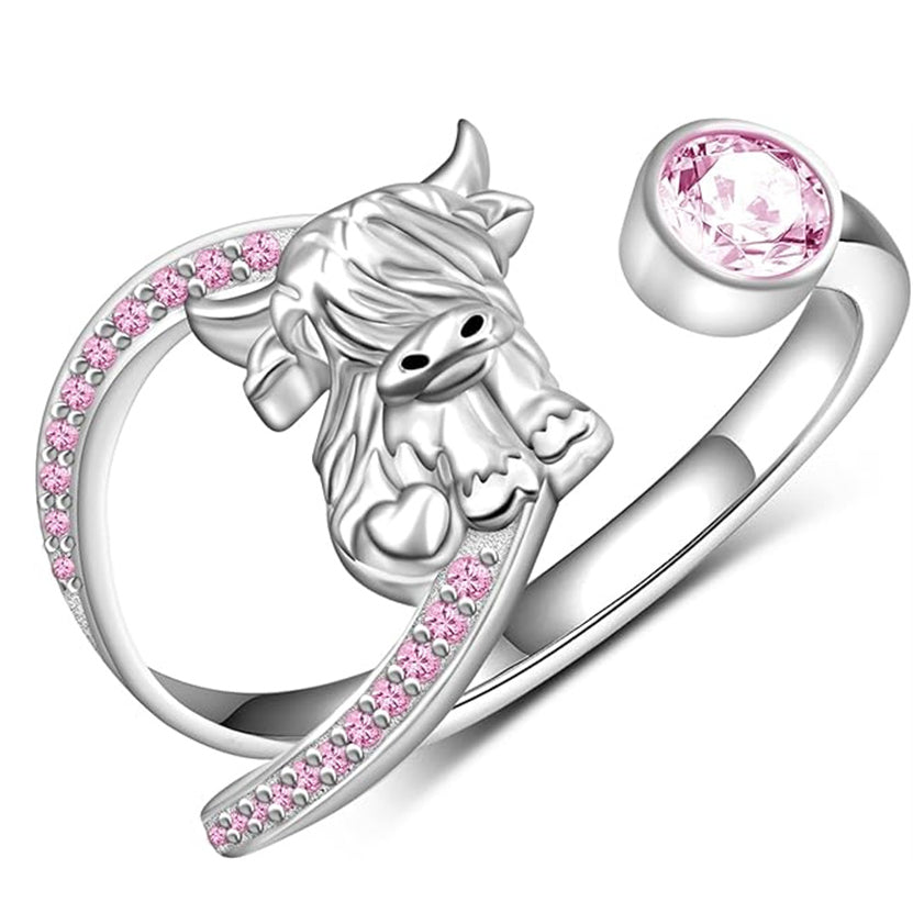 Sterling Silver Birthstone AdjustableHighland Cow Ring