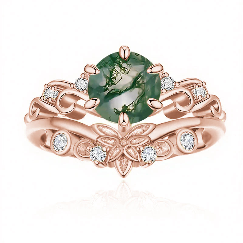 Sterling Silver Oval Round Natural Moss Agate Couples Promise Wedding Ring Set