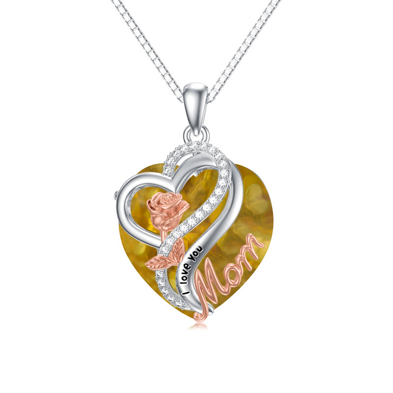 Sterling Silver Birthstone Heart Rose Pendant Necklace With Engraved
