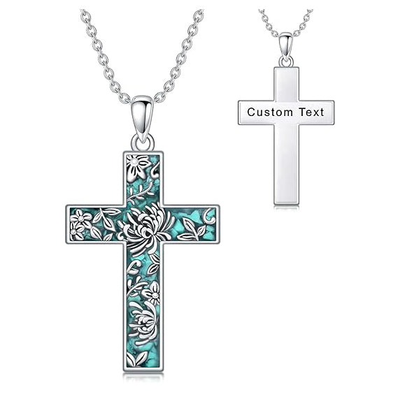 Sterling Silver Turquoise Personalized Engraved 12 Month Birth Flower Cross Pendant Necklace