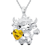 Sterling Silver Heart  Birthstone Highland Cow Pendant Necklace