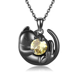 Sterling Silver Birthstone Infinity Black Cat Pendant  Necklace