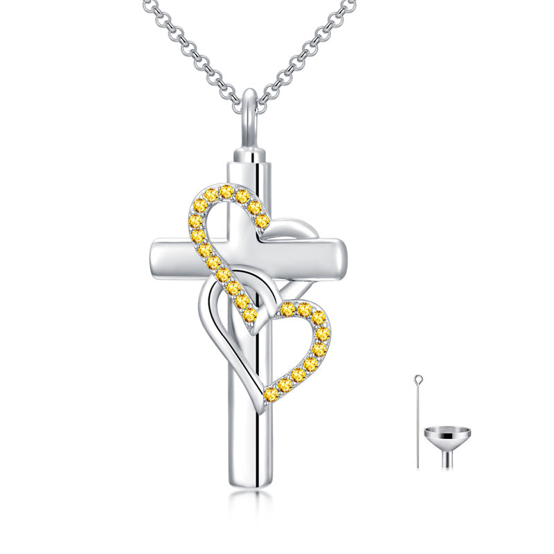 Sterling Silver Birthstone Cross Urn Necklace for Ashes