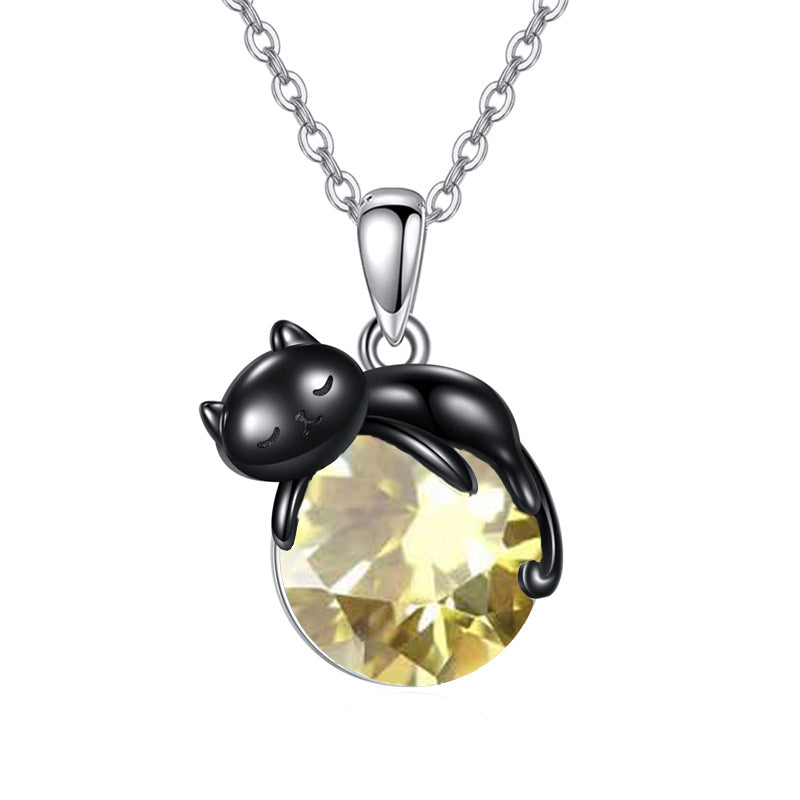 Sterling Silver Birthstone Infinity Black Cat Pendant  Necklace